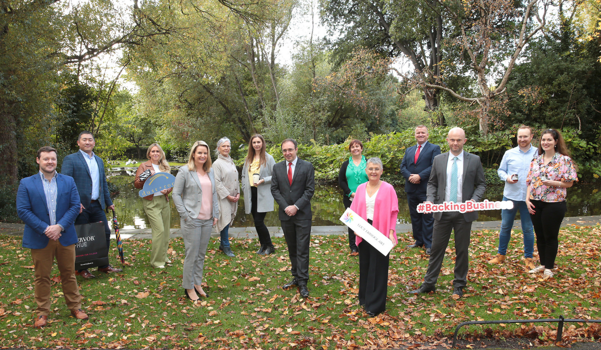 Virgin Media Backing Business group shot with Minister Robert Troy TD in St Stephen's Green Dublin