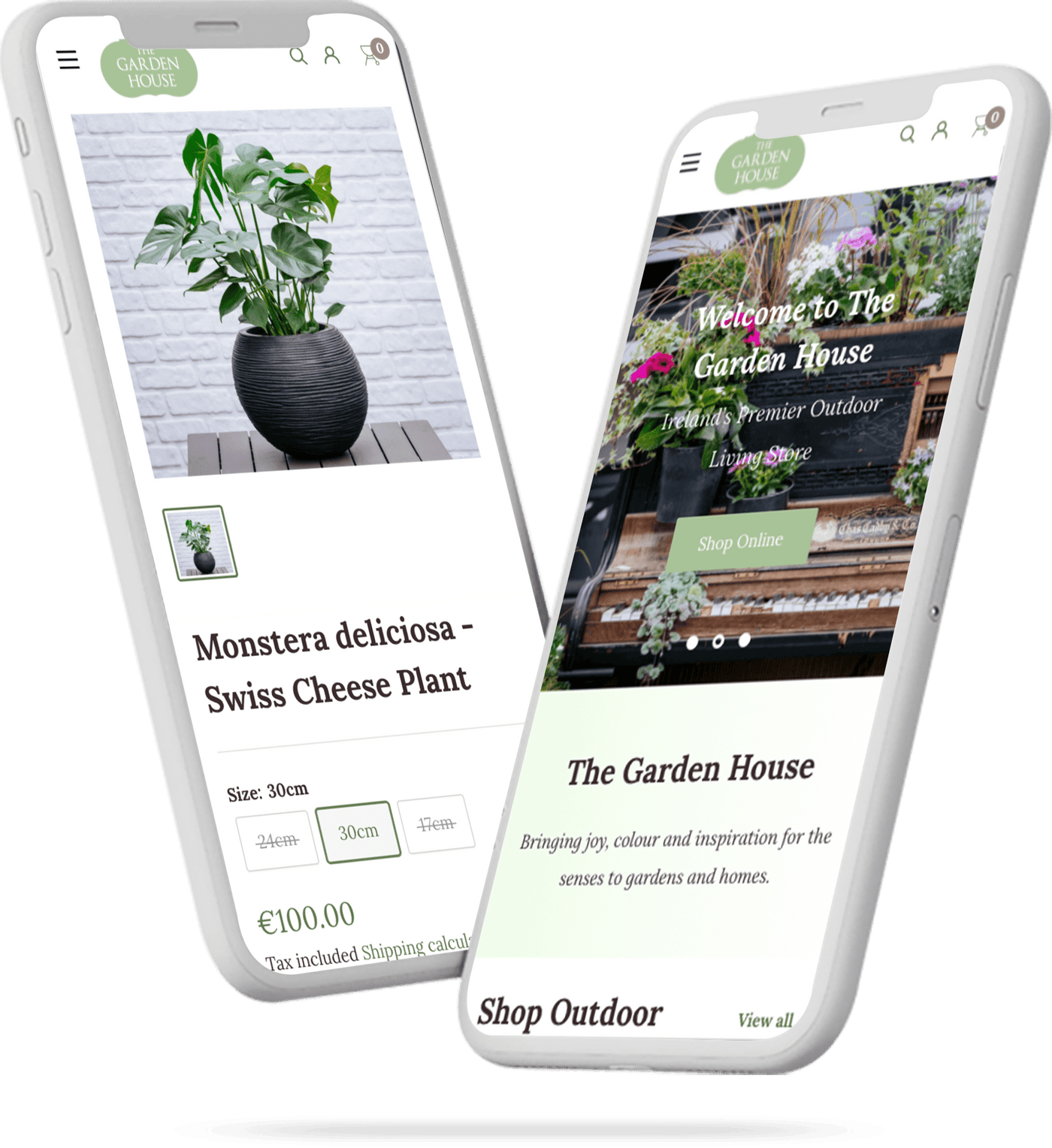 2 flying smartphones with The Garden House responsive shopify store, homepage and product page