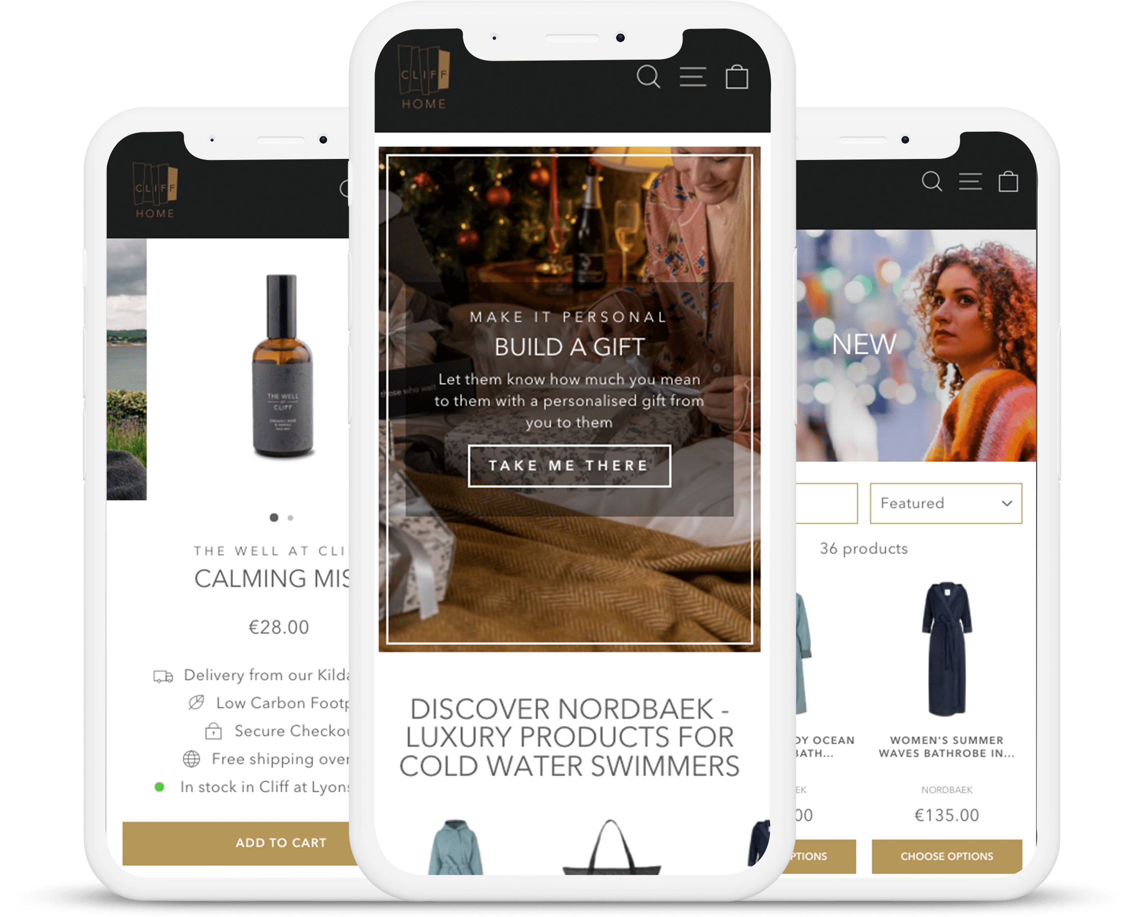 Cliff Home Shopify store mobile view on 3 mobiles, built by Milk Bottle Labs Dublin