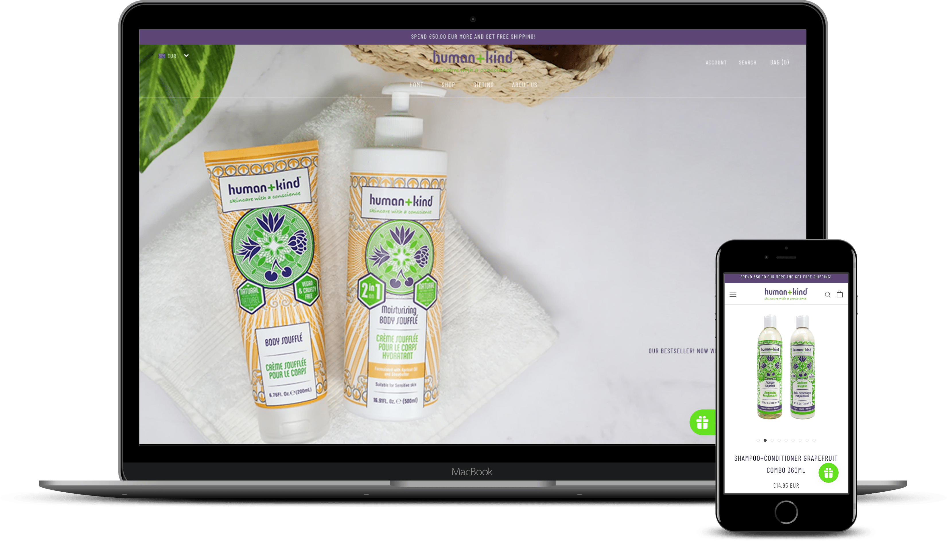 Human and Kind Shopify website on laptop and smart phone