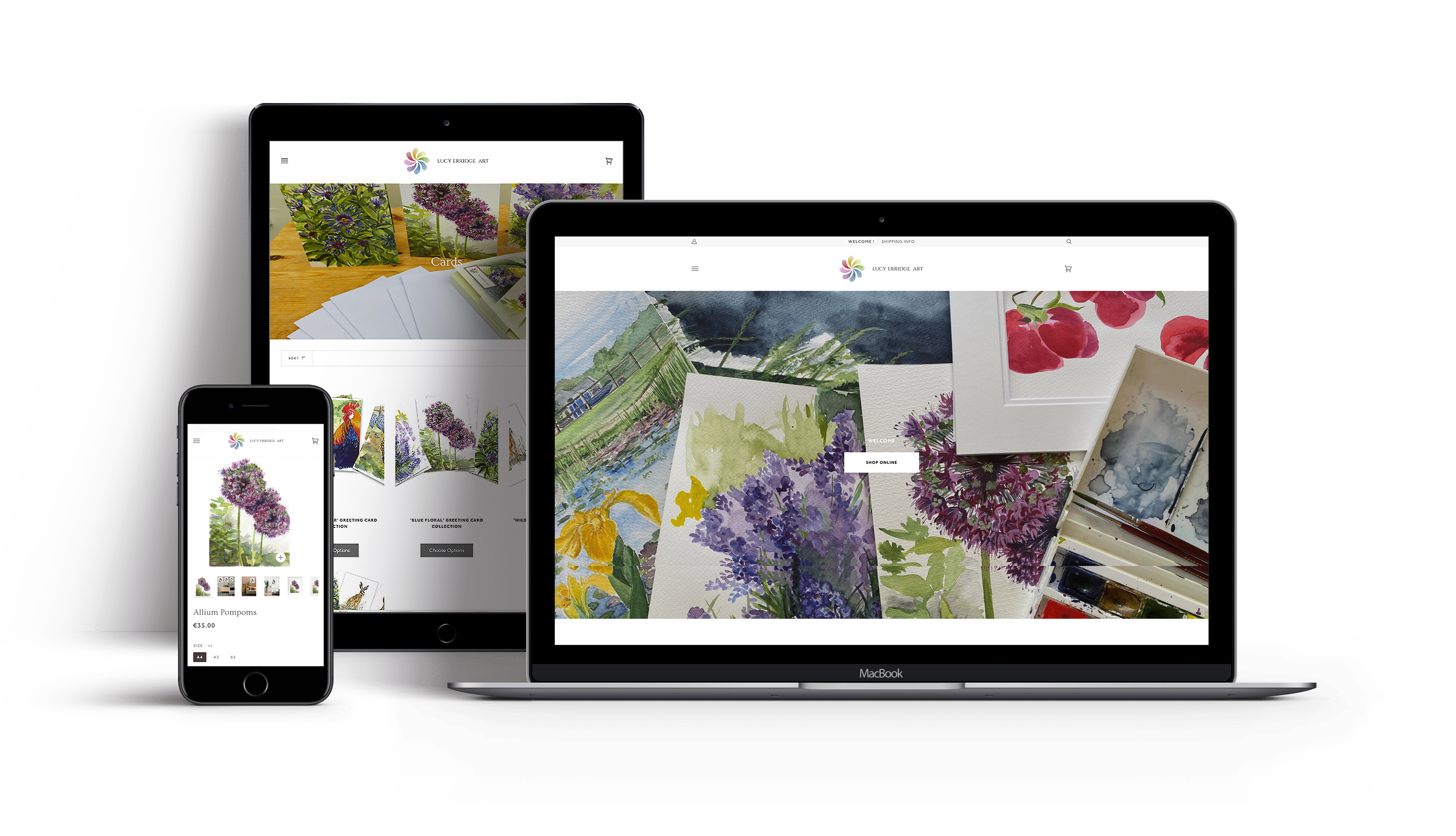 Lucy Erridge Art Shopify store built by Milk Bottle Labs, Dublin Ireland, showcase responsive website on ipad, iphone and laptop