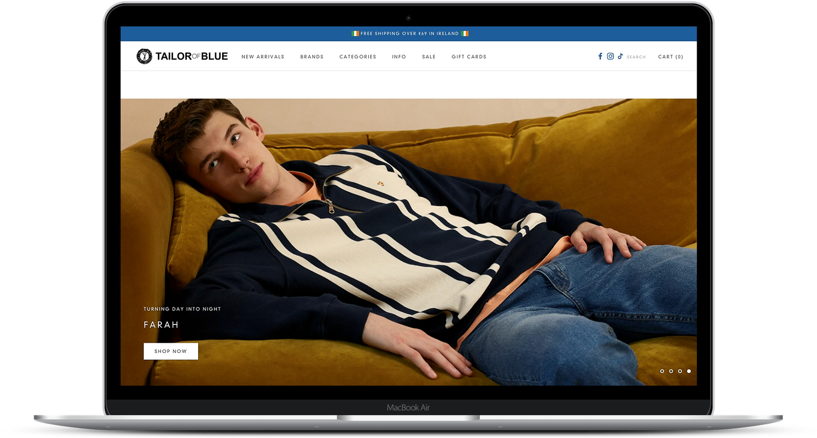Tailor of Blue Shopify store homepage on a laptop