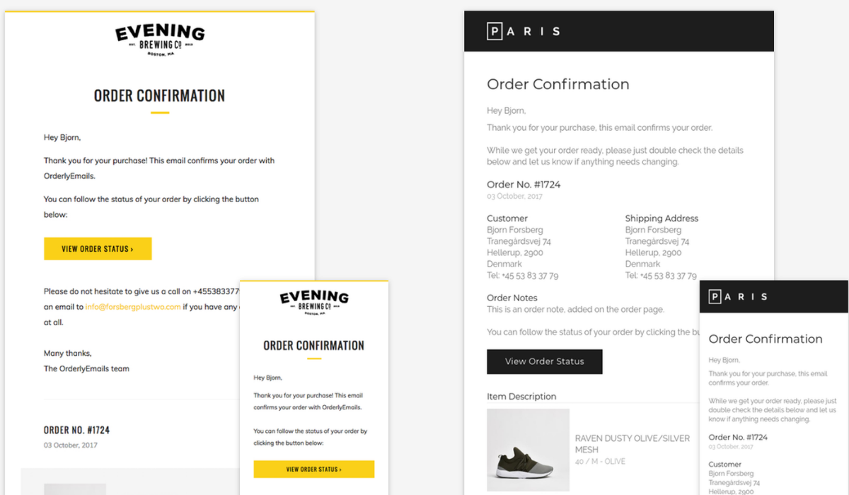 Two examples of Orderly Email transaction receipts on desktop and mobile view