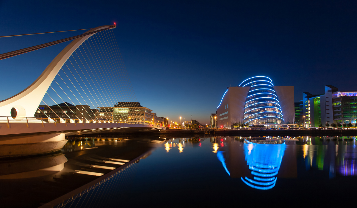Samuel Beckett Bridge and Dublin Convention Centre in twilight 