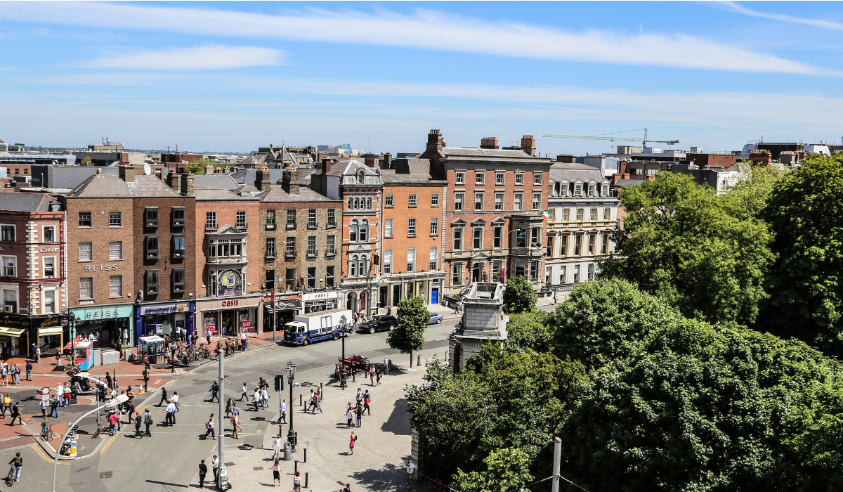 Aerial view of top of Grafton Street and St Stephen's Green Dublin City Centre Ireland