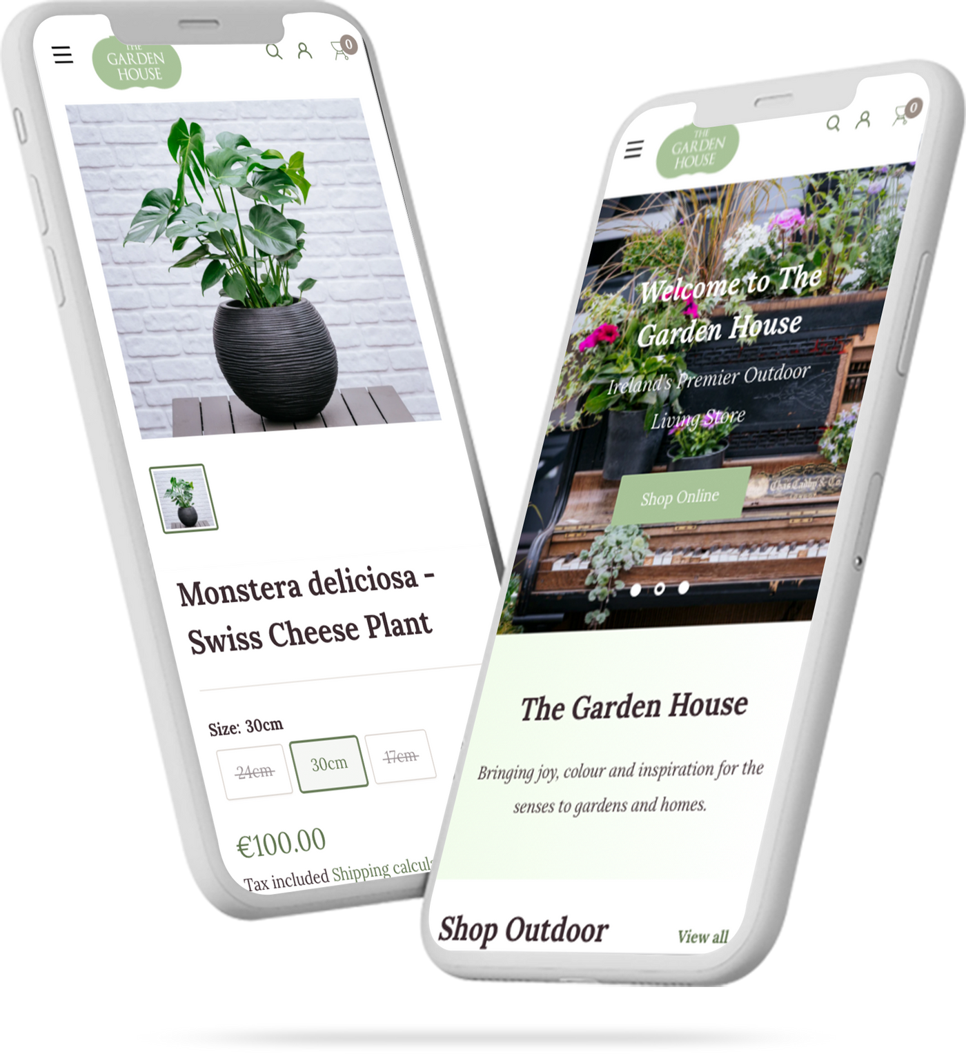 2 flying smartphones with The Garden House responsive shopify store, homepage and product page