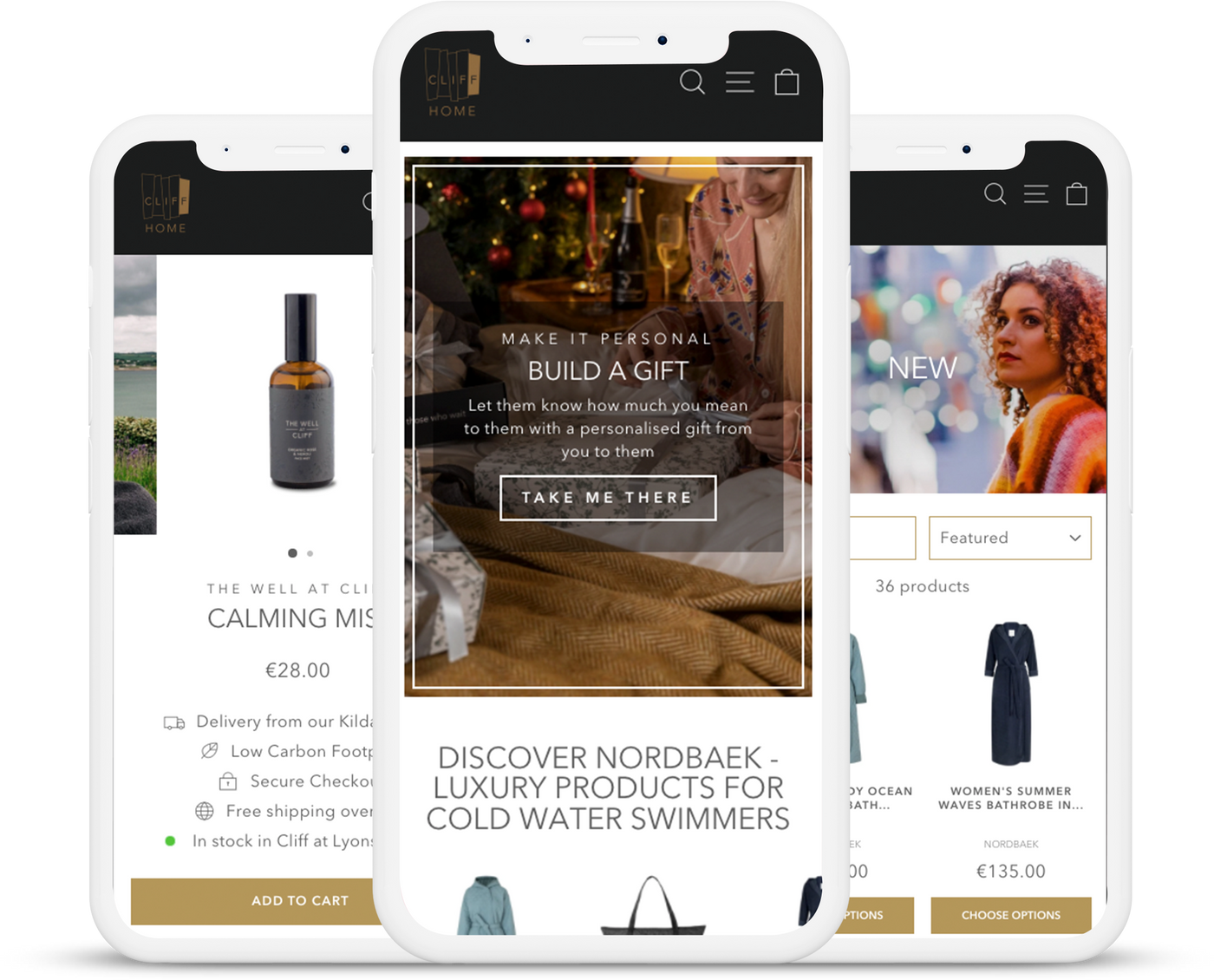 Cliff Home Shopify store mobile view on 3 mobiles, built by Milk Bottle Labs Dublin