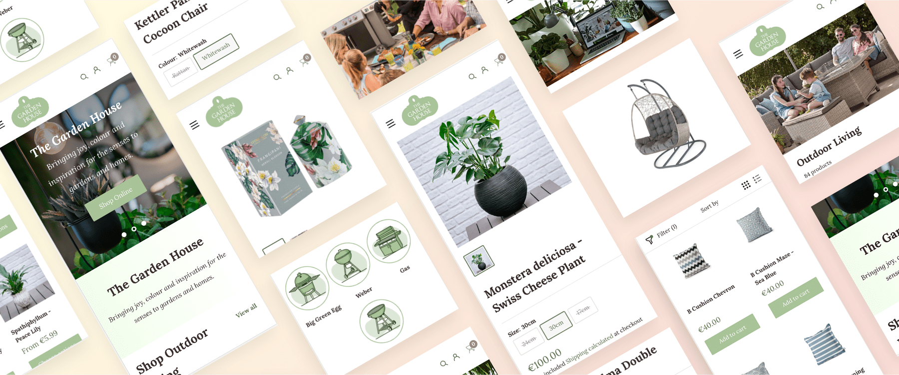 Mobile smartphone images of The Garden House Shopify store