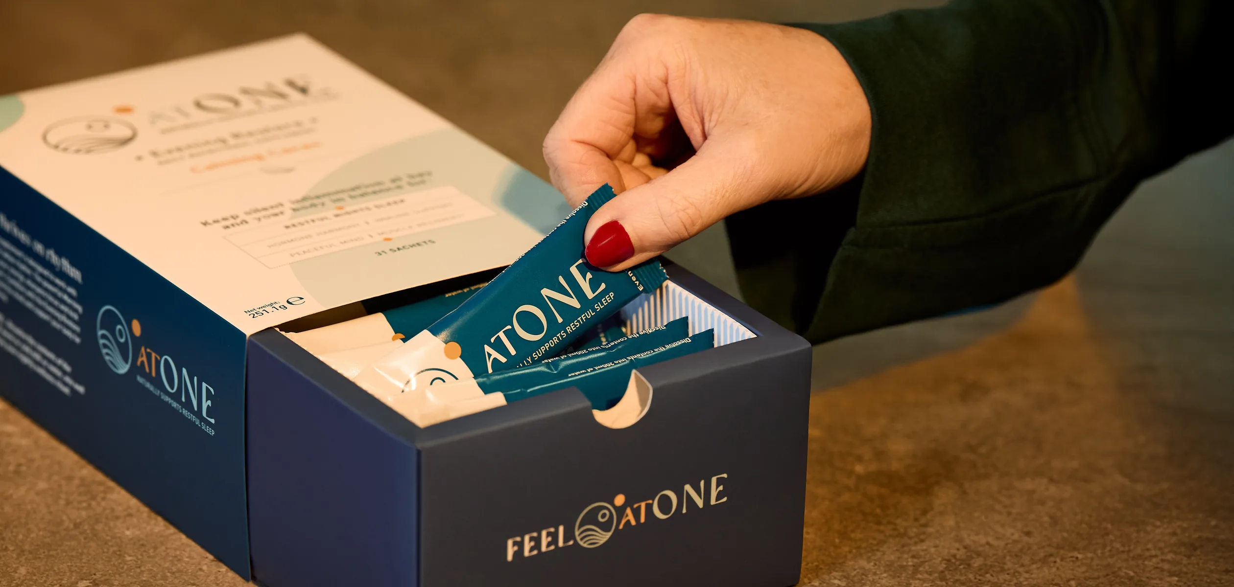 AtOne Evening Balance supplement box and sachets