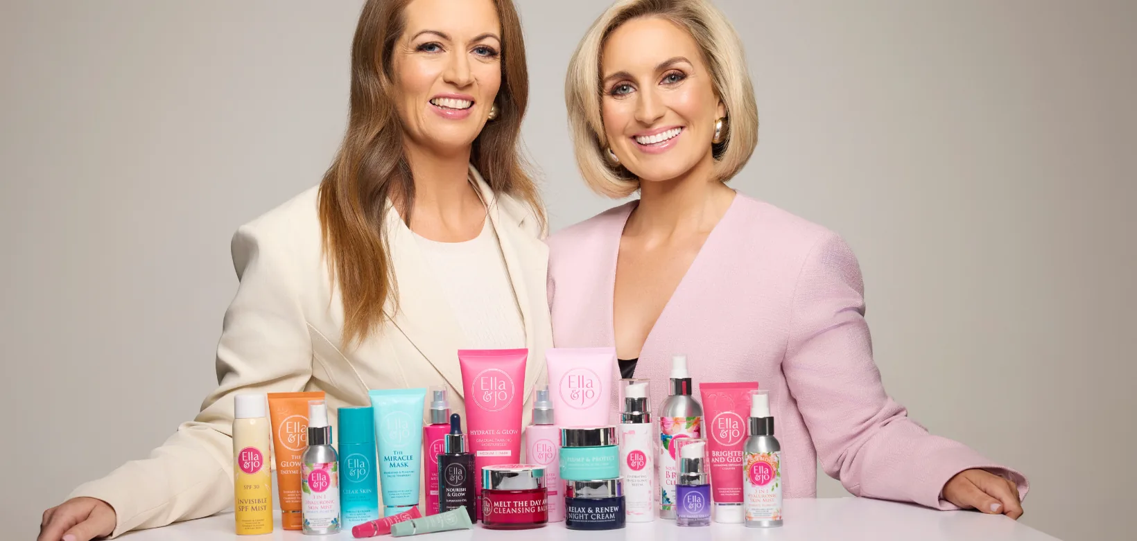 Ella & Jo founders Charlene Flanagan and Niamh Ryan with the Ella & Jo skincare range