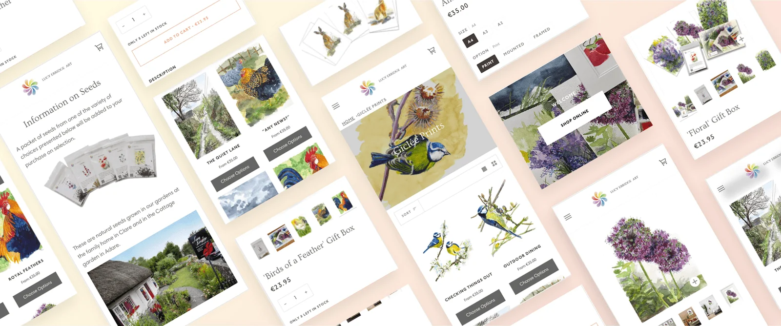 Lucy Erridge Art Shopify storefront shown on two iPhones